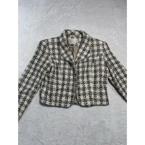 Doncaster 100% Silk Tweed Cropped Blazer Neutral Plaid Jacket Business Size Sm. - Picture 1 of 8